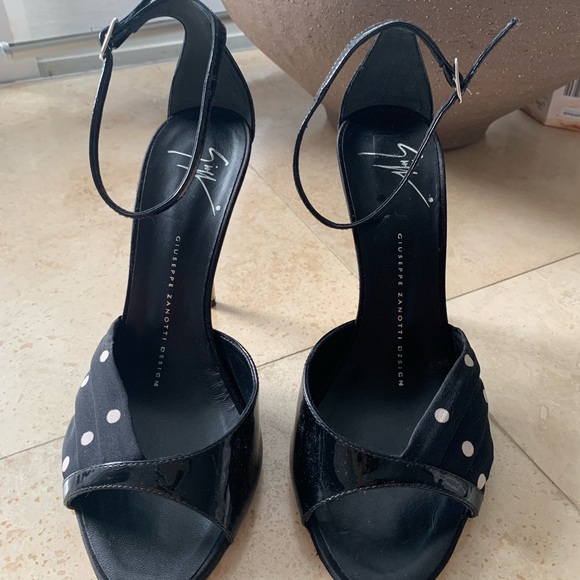 Giuseppe Zanotti Shoes - Giuseppe Zanotti Black and White Polka Dot Ankle-Strap Heels